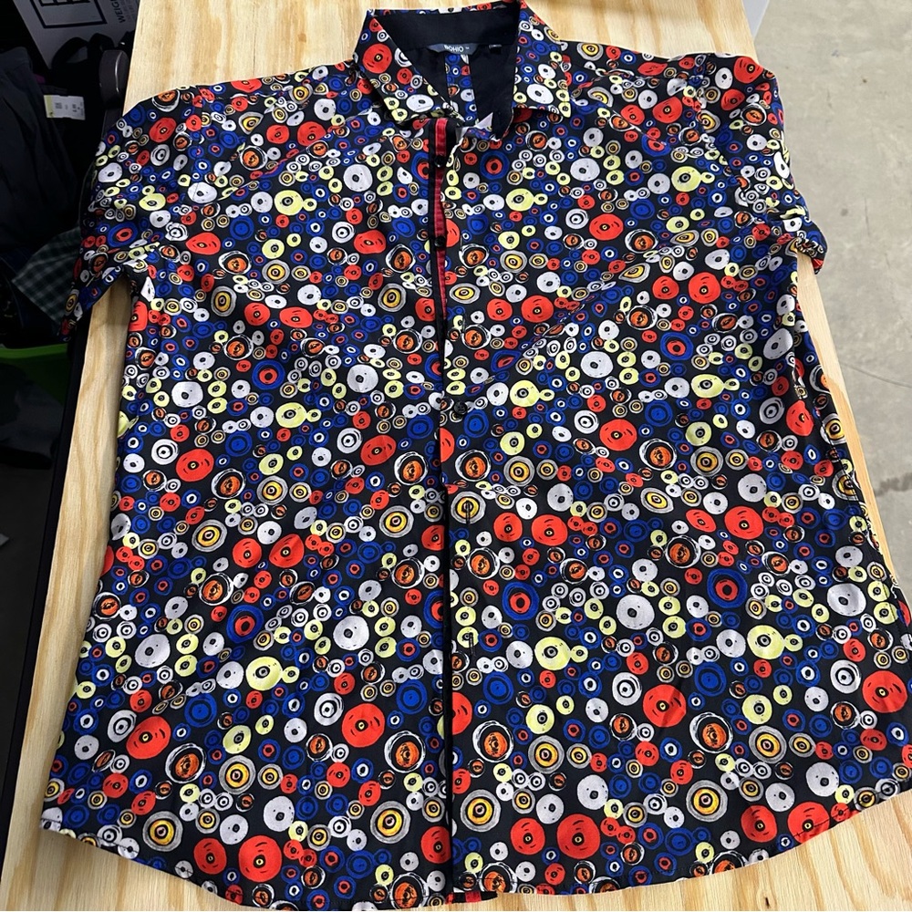 Bohio Men's Short Sleeve Button Down‎ Large Retro Multicolor Circle Print